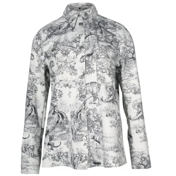 Dior Toile De Jouy Button Front Long Sleeve Shirt In White And Black Cotton - Picture 1 of 12
